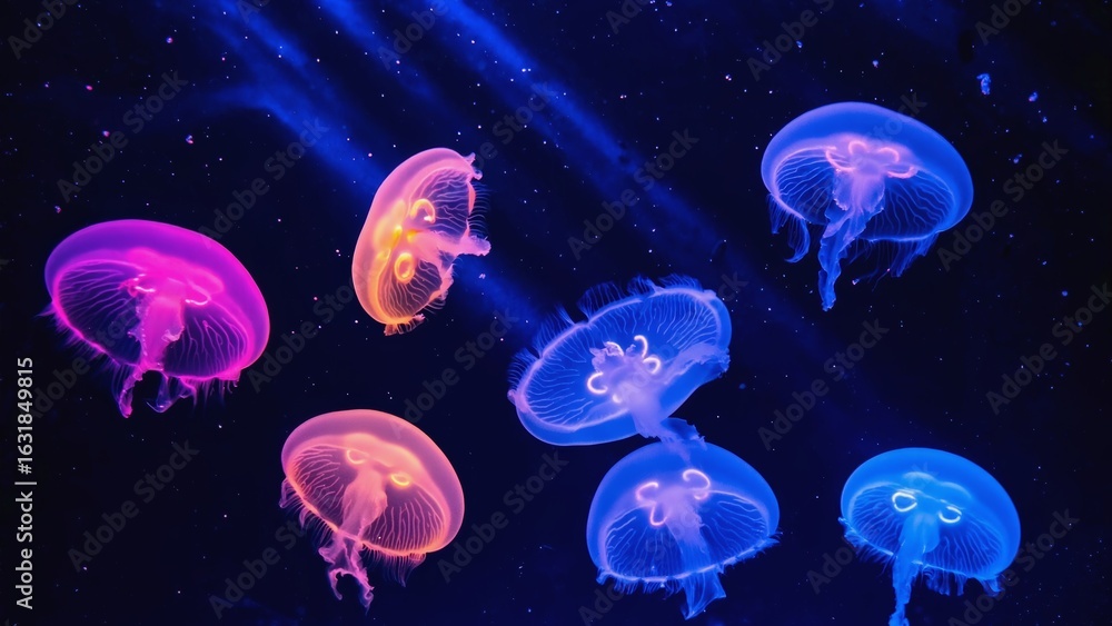 Fototapeta premium Bioluminescent jellyfish in vibrant shades of pink and blue drift through the deep ocean in graceful motion, glowing with ethereal beauty in the mysterious and magical darkness of the underwater world