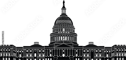 United States Capitol building silhouette, Washington DC landmark vector, government architecture icon, historic federal structure, USA political symbol illustration, black and white art