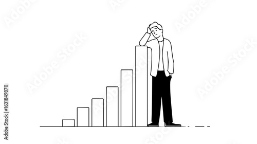 Man leaning on a bar graph with a sad expression representing business challenges and economic downturns