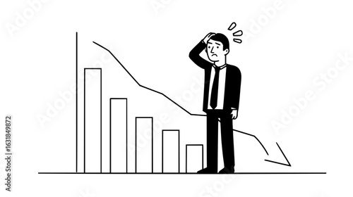 A worried businessman standing next to a falling bar graph and a downward trending line graph showing loss