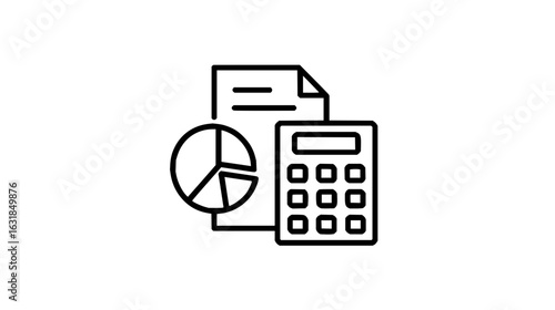 Illustration of a calculator next to a document with a pie chart, indicating financial analysis and accounting