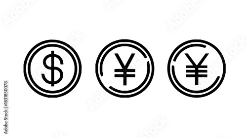 Free Download Three currency symbols in circles dollar sign and yen sign in black and white simple financial icons set - GFXLoad