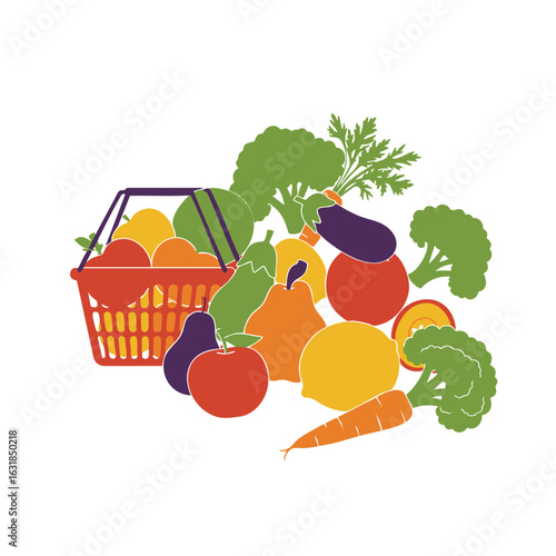Vector graphic of a shopping basket overflowing with fresh colorful fruits and vegetables for healthy eating.