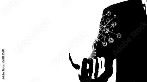 Silhouette of a person holding a lightbulb with network connections emanating from the bulb in white