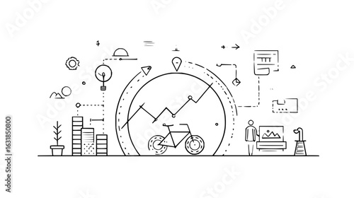 Illustration showing business growth with a bicycle inside a circle and other related business icons around
