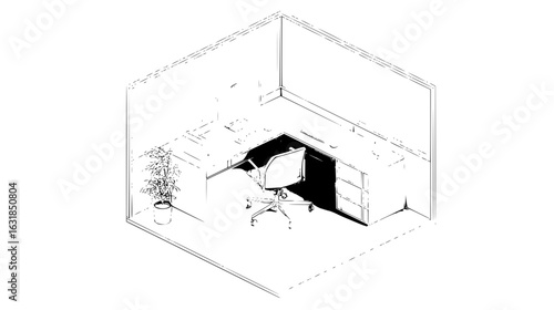 Isometric view of an office cubicle with a desk chair and a potted plant in black and white outline