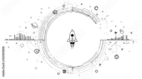 Rocket launching inside a circular frame with planets and bar charts in a space themed design style