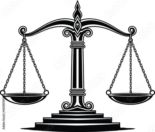 Vintage balance scale illustration, justice symbol vector, legal fairness icon, weighing scale silhouette, law and equity design, courtroom justice emblem black and white