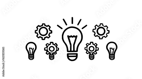 Illustration of light bulbs and gears representing ideas innovation and creative problem solving process