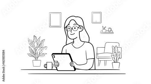 Illustration of a woman with glasses using a tablet at a desk with plants and pictures in the background