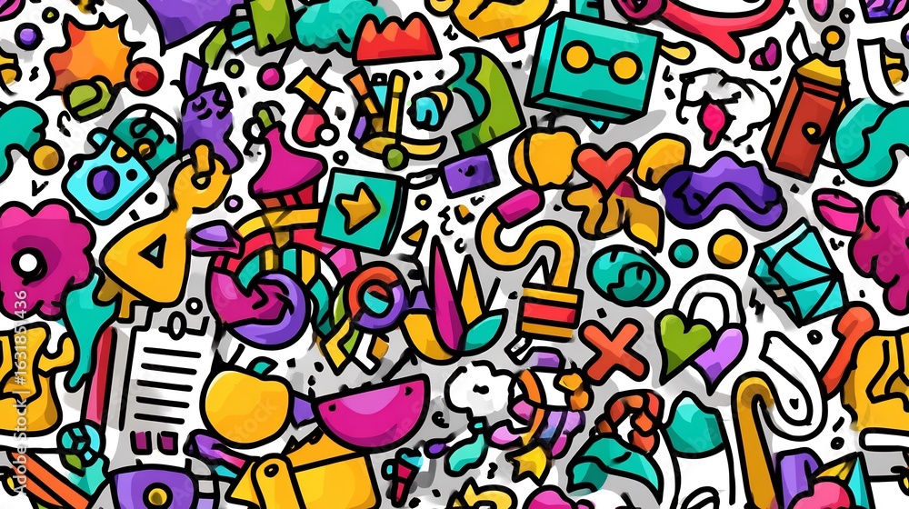 Fototapeta premium Colorful and playful doodle illustration featuring abstract shapes and elements