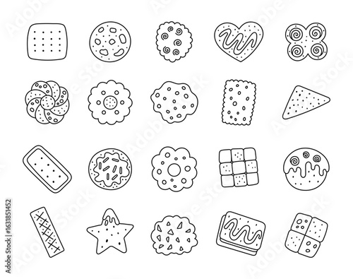 Cookie snack set in outline line art featuring various pastry shapes perfect for kitchen baking dessert food and breakfast for your illustration and creative design projects