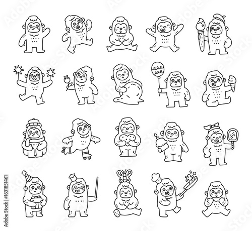 Cute snow yeti character set in outline line art showing various emotions while holding different objects and celebrating fun winter activities for your designs projects