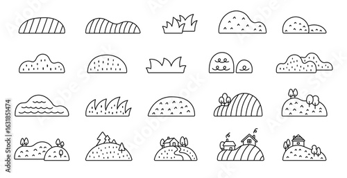 Landscape set in outline line art with hill, field, bushy, grass, forest trees, countryside houses, paths and rural natural decor and for your creative designs projects