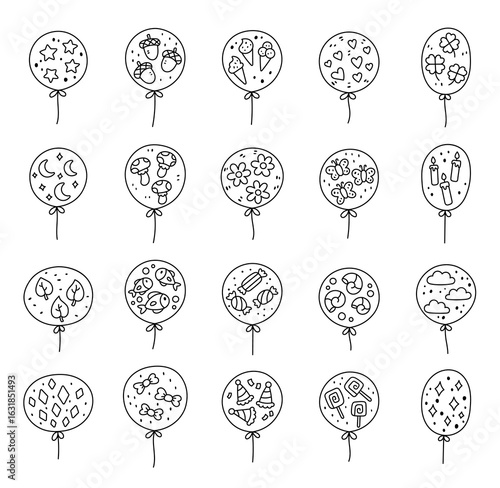 Balloon helium set in outline line art with different shapes with objects inspired by nature, food, sky and holiday perfect for your illustration and creative designs projects