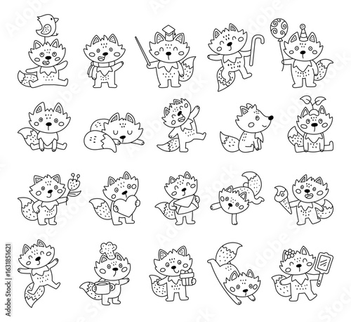 Fox character set in outline line art with different charming poses, showing adorable forest animals, holding items, dancing, cooking, celebrating, relaxing and expressing emotions