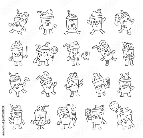 Milkshake character set in outline line art with different poses, emotions, holding heart, gift, balloon, microphone, book, candy, paintbrush, mirror, mug, leaf, lollipop