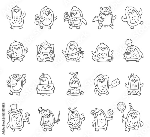 Penguin character set in outline line art featuring charming holiday costumes with balloon, gift, flower and seasonal festive accessories for your creative design projects
