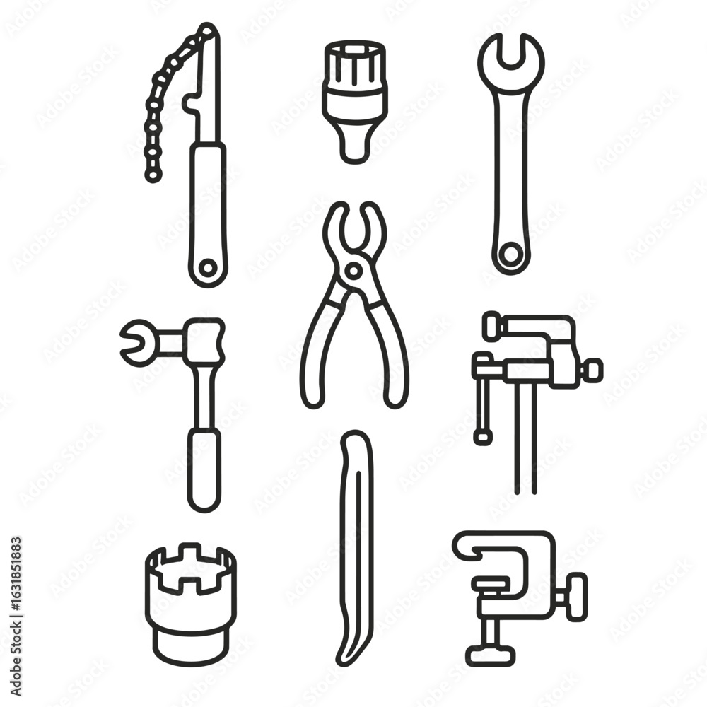 Fototapeta premium Workshop Tools Icon. Outline style icon of Workshop Maintenance Tools: chain whip, cassette lock-ring tool, pedal wrench, torque