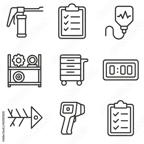 Outline Maintenance Tools. Outline style icon of Maintenance & TPM: lubrication gun, maintenance schedule board, vibration sensor,