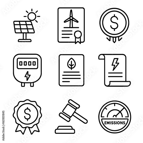 Renewable Policy Icons. Outline style icon of Renewable Policy Mechanisms: feed-in tariff, renewable certificate, carbon tax coin,