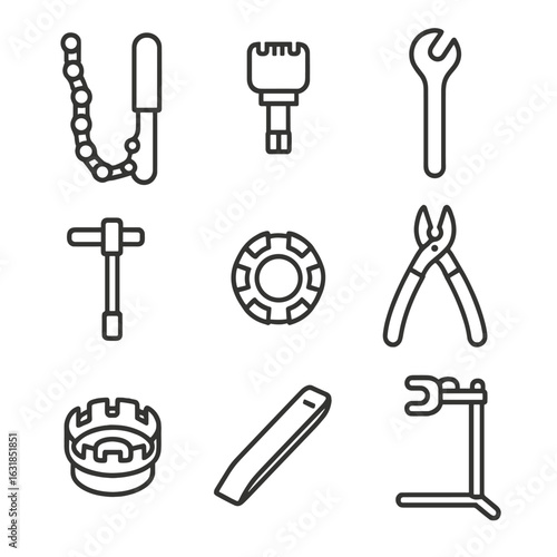 Workshop Tools Icon. Outline style icon of Workshop Maintenance Tools: chain whip, cassette lock-ring tool, pedal wrench, torque