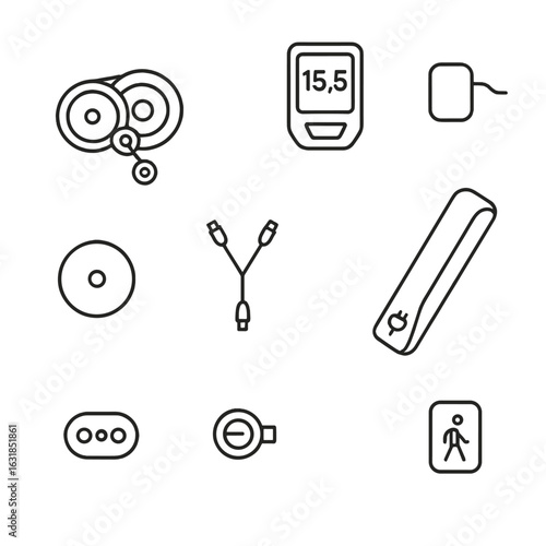 E-Bike Electronics Icon. Outline style icon of E-Bike Electronics: mid-drive motor, torque sensor, display unit, controller box,