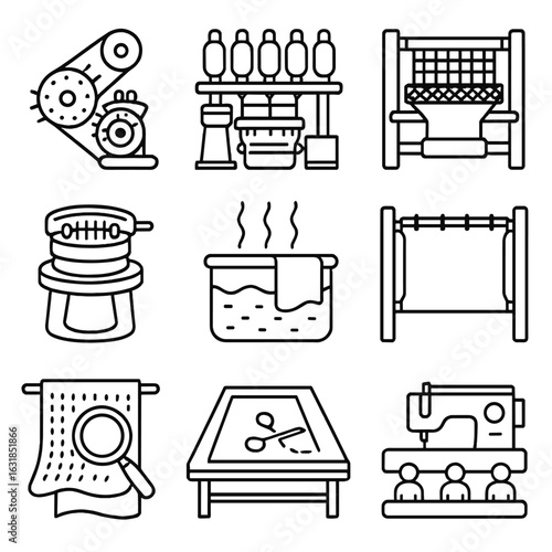 Textile Manufacturing Icons. Outline style icon of Textile Manufacturing Steps: carding machine, spinning frame, weaving loom,