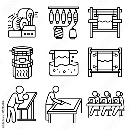 Textile Manufacturing Icons. Outline style icon of Textile Manufacturing Steps: carding machine, spinning frame, weaving loom,