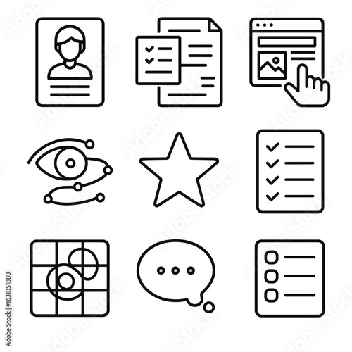 Usability Tools Icon Set. Outline style icon of Usability Evaluation Tools: persona card, task scenario sheet, wireframe click,