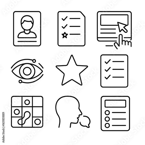 Usability Tools Icon Set. Outline style icon of Usability Evaluation Tools: persona card, task scenario sheet, wireframe click,
