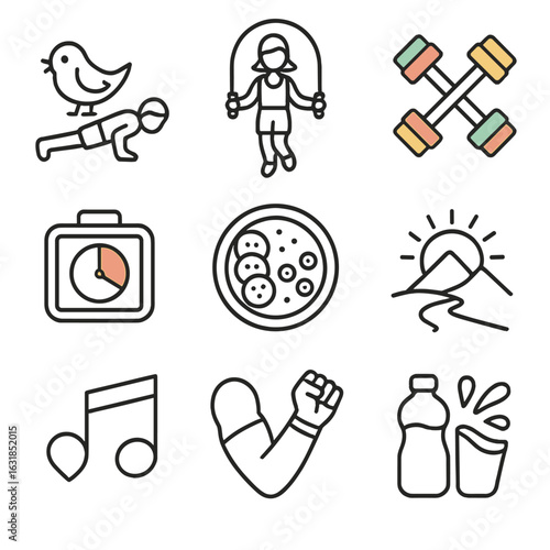 Morning Fitness Icons. Outline style icons of Morning Fitness: early bird push-ups, jump rope arcs, colorful dumbbell pair,