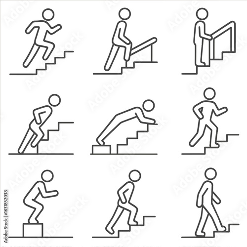 Morning Stair Workout. Outline style icon of Morning Stair Workout: stair sprint, step-up, calf raise edge, tricep dip rail,