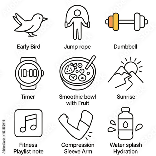 Morning Fitness Icons. Outline style icons of Morning Fitness: early bird push-ups, jump rope arcs, colorful dumbbell pair,
