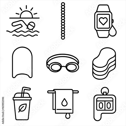 Morning Swim Icons. Outline style icons of Morning Fitness: sunrise swim laps, pool lane line, waterproof fitness tracker,
