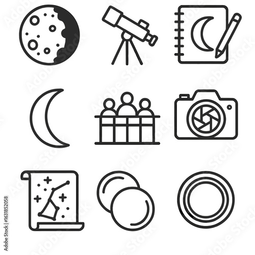 Lunar Eclipse Mystique. Outline style icons of Moonlit Night: blood moon eclipse, telescope tripod, astronomer notebook, lunar