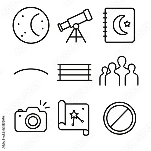 Lunar Eclipse Mystique. Outline style icons of Moonlit Night: blood moon eclipse, telescope tripod, astronomer notebook, lunar