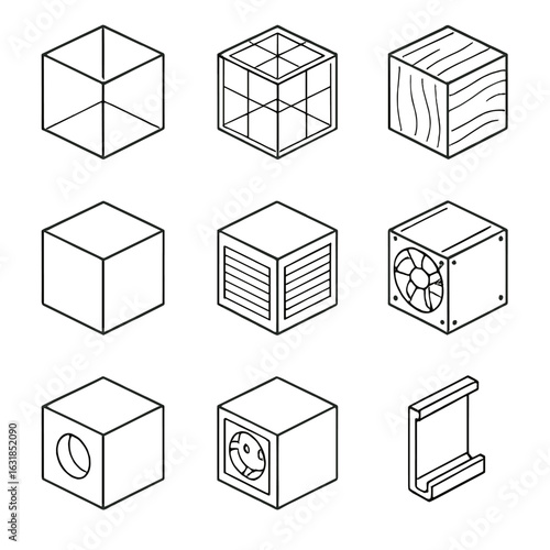Modular Cube Icons. Outline style icons of Modular Cube: transparent acrylic cube, metal grid cube, wood veneer cube, color face