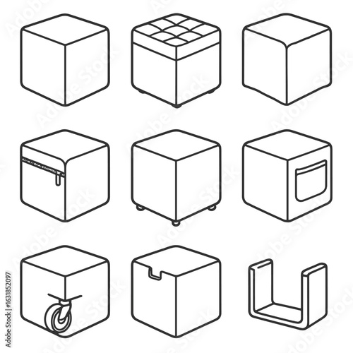 Modular Cube Icons. Outline style icons of Modular Cube: seating pouf cube, cushion panel cube, fabric cover cube, zipper edge
