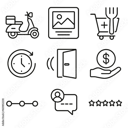 Food Delivery Icons. Outline style icons of Mobile App: food delivery scooter, menu photo tile, add to cart fork, delivery ETA
