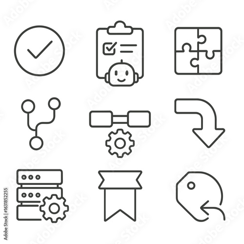 Mobile Design Icons. Outline style icons of Mobile Design: quality assurance checkmark, test case clipboard, automated test bot,