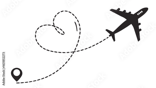 "Airplane Flying with Heart-Shaped Trail – Romantic Travel and Honeymoon Trip Icon | Vector Illustration on Transparent Background"