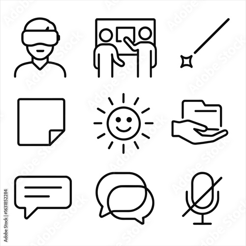 Mixed Reality Icons. Outline style icons of Mixed Reality: remote coworker avatar, shared whiteboard sheet, laser pointer beam,