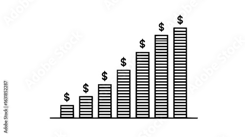 A bar graph showing increasing stacks of coins with dollar signs on top indicating financial growth and gain