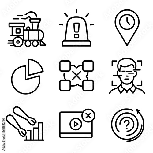 Misinformation Icons Collection. Outline style icons of Misinformation: hype train engine, spam push siren, fabricated timeline