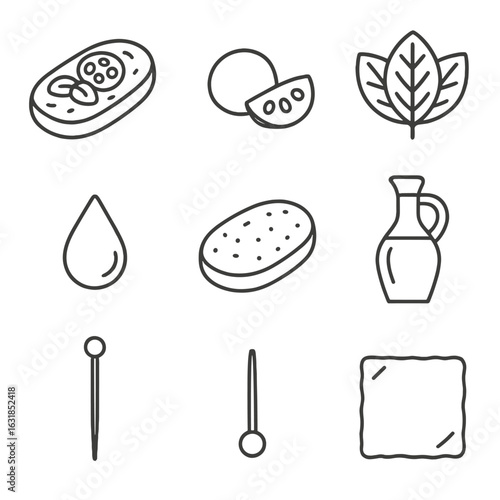 Mini Appetizers Icons. Outline style icons of Mini Appetizers: bruschetta slice, mozzarella pearl, cherry tomato half, basil leaf
