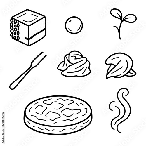 Mini Appetizers Icons. Outline style icons of Mini Appetizers: seared tuna cube, sesame crust edge, soy glaze line, wasabi pea,