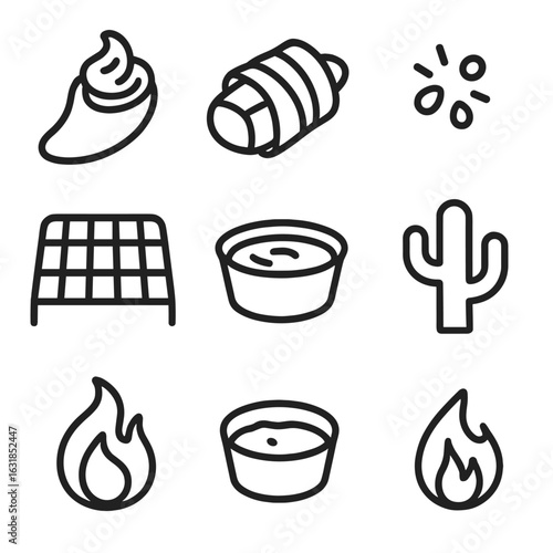 Outline Appetizer Icons. Outline style icons of Mini Appetizers: jalapeño popper half, cream cheese fill, bacon wrap band,