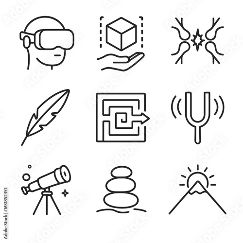 Outline Icons of Mind Expansion. Outline style icons of Mind Expansion: virtual reality headset, holographic cube, synapse spark