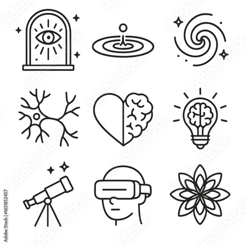 Mind Expansion Icons. Outline style icons of Mind Expansion: mystical doorway frame, meditative lake ripple, cosmic particle swirl